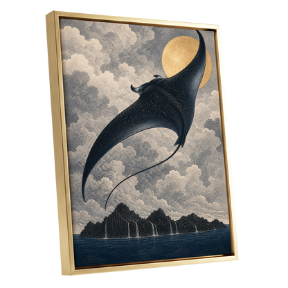 Golden Sky Manta, black, blue, beige nature wall art shown as a gold framed canvas wall art
