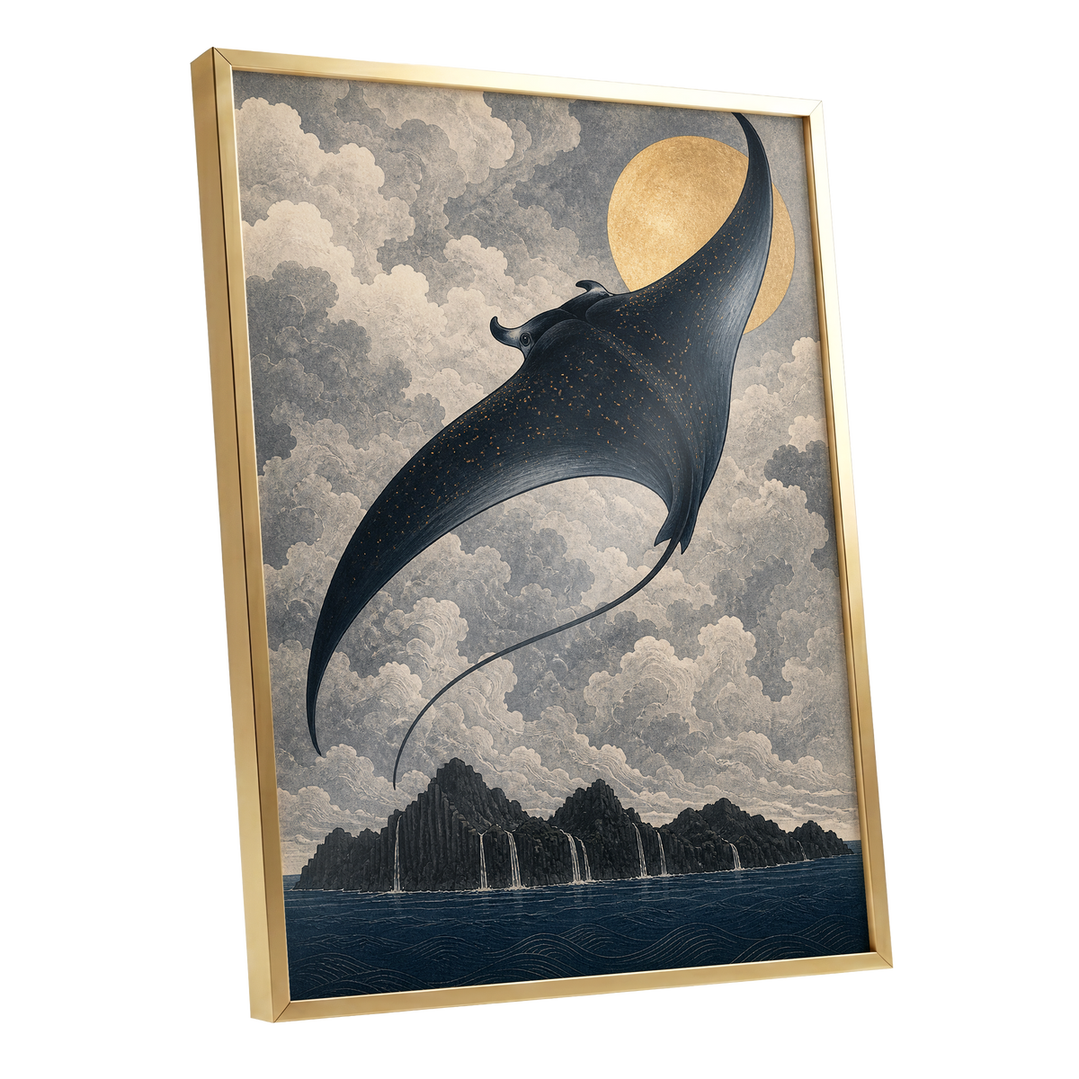 Golden Sky Manta, black, blue, beige nature wall art shown as a gold framed poster wall art print