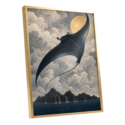 Golden Sky Manta, black, blue, beige nature wall art shown as a gold framed poster wall art print
