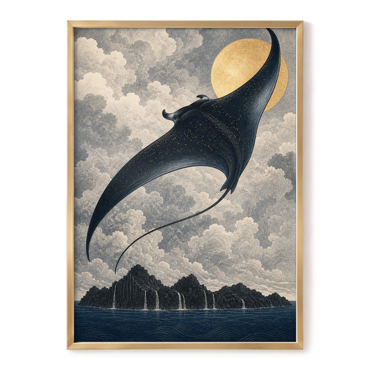 Golden Sky Manta, black, blue, beige nature wall art, front artwork view