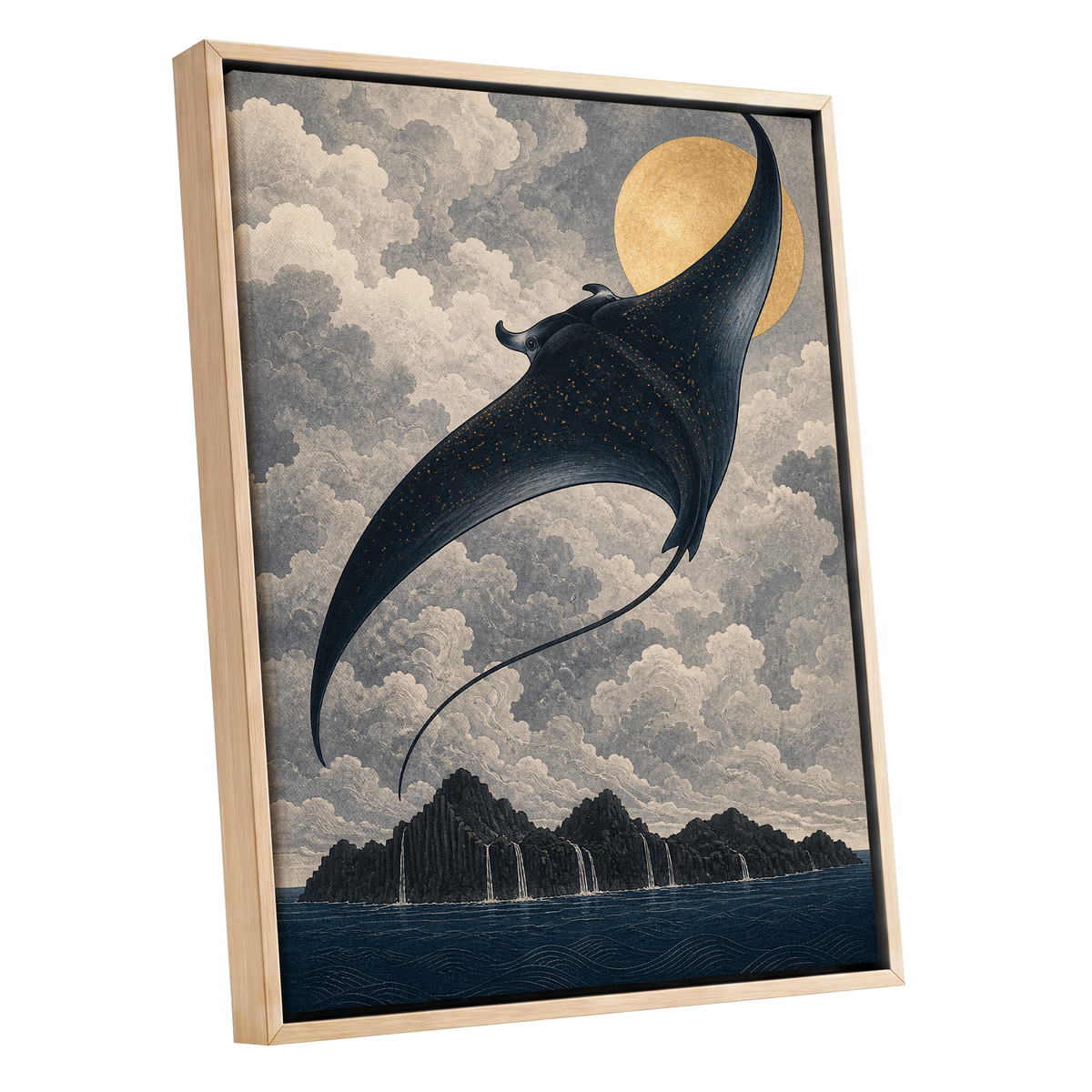 Golden Sky Manta, black, blue, beige nature wall art shown as a oak framed canvas wall art