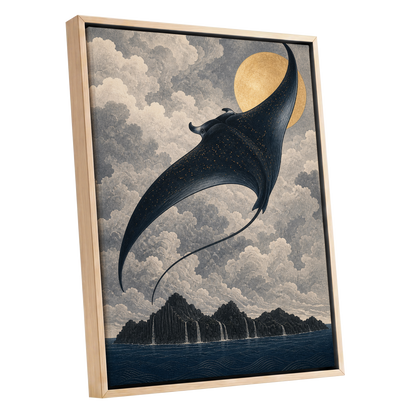 Golden Sky Manta, black, blue, beige nature wall art shown as a oak framed canvas wall art