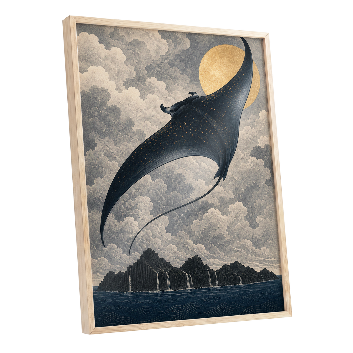 Golden Sky Manta, black, blue, beige nature wall art shown as a oak framed poster wall art print