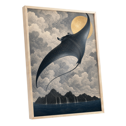 Golden Sky Manta, black, blue, beige nature wall art shown as a oak framed poster wall art print