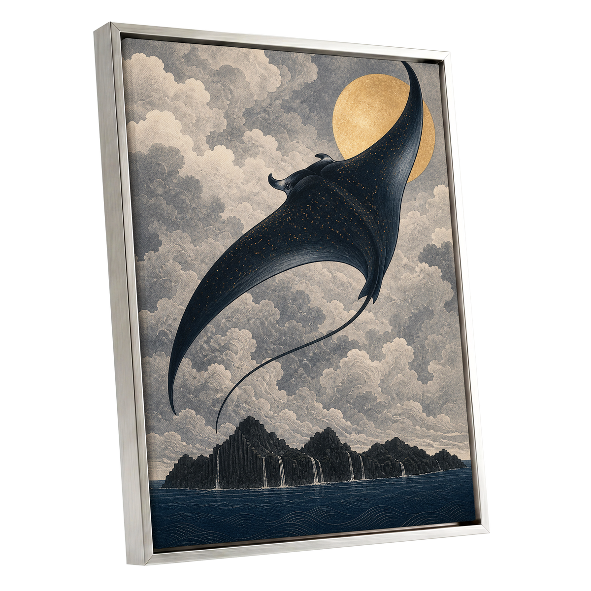 Golden Sky Manta, black, blue, beige nature wall art shown as a silver framed canvas wall art