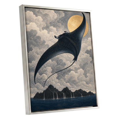 Golden Sky Manta, black, blue, beige nature wall art shown as a silver framed canvas wall art