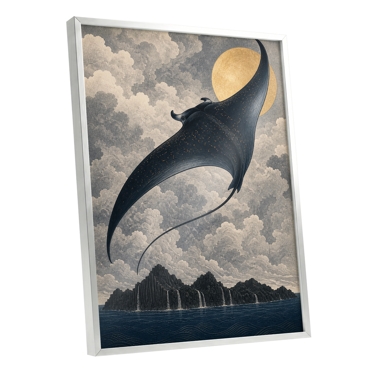 Golden Sky Manta, black, blue, beige nature wall art shown as a silver framed poster wall art print