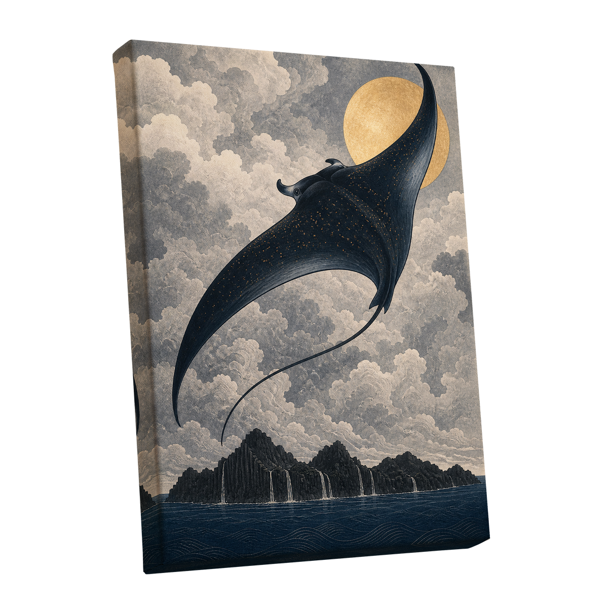 Golden Sky Manta, black, blue, beige nature wall art shown as a stretched canvas wall art