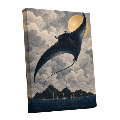 Golden Sky Manta, black, blue, beige nature wall art shown as a stretched canvas wall art