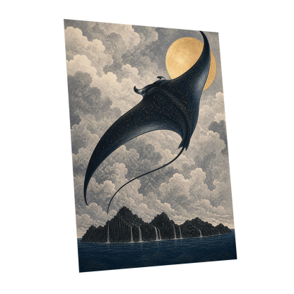 Golden Sky Manta, black, blue, beige nature wall art shown as a unframed poster wall art print