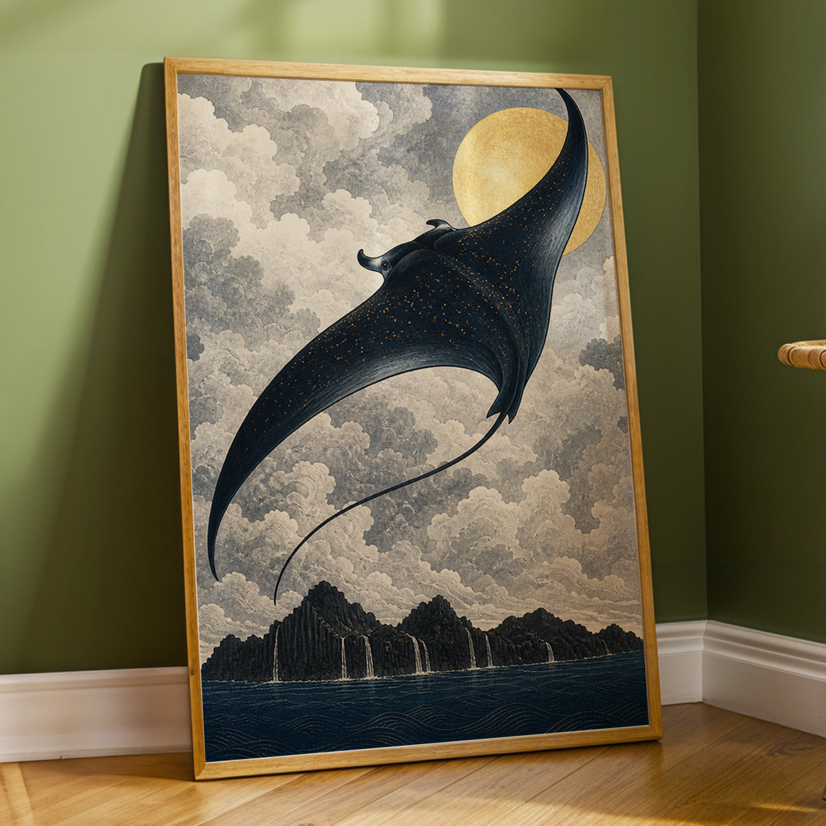 Golden Sky Manta, black, blue, beige nature wall art displayed in a styled interior, gallery view 2
