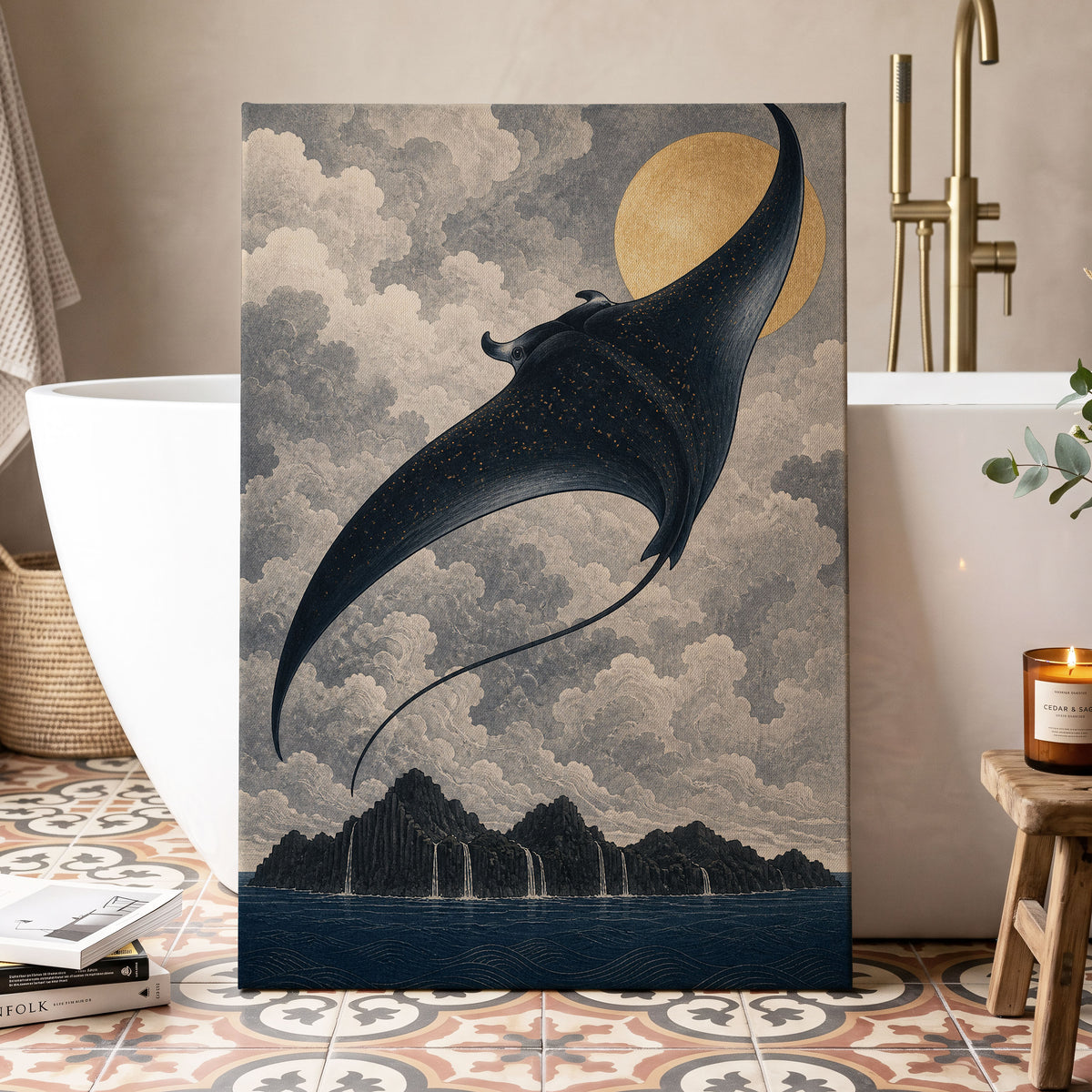 Golden Sky Manta, black, blue, beige nature wall art displayed in a styled interior, gallery view 3