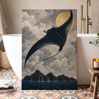 Golden Sky Manta, black, blue, beige nature wall art displayed in a styled interior, gallery view 3