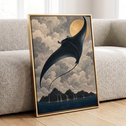 Golden Sky Manta, black, blue, beige nature wall art displayed in a styled interior, gallery view 4