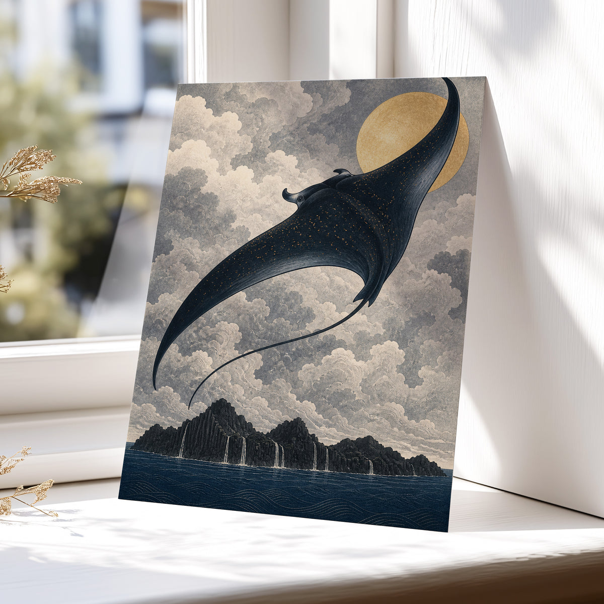 Golden Sky Manta, black, blue, beige nature wall art displayed in a styled interior, gallery view 5