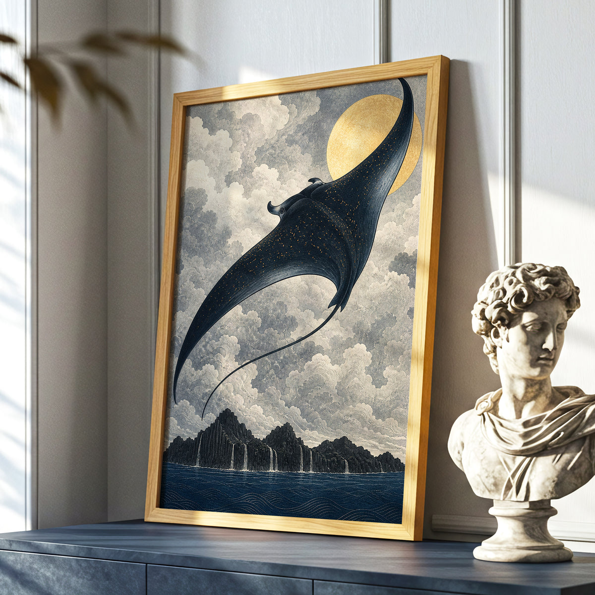 Golden Sky Manta, black, blue, beige nature wall art displayed in a styled interior, gallery view 6