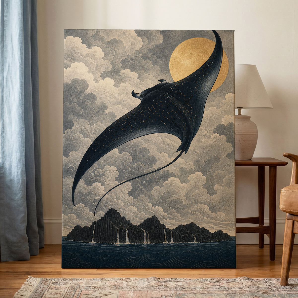 Golden Sky Manta, black, blue, beige nature wall art displayed in a styled interior, gallery view 7