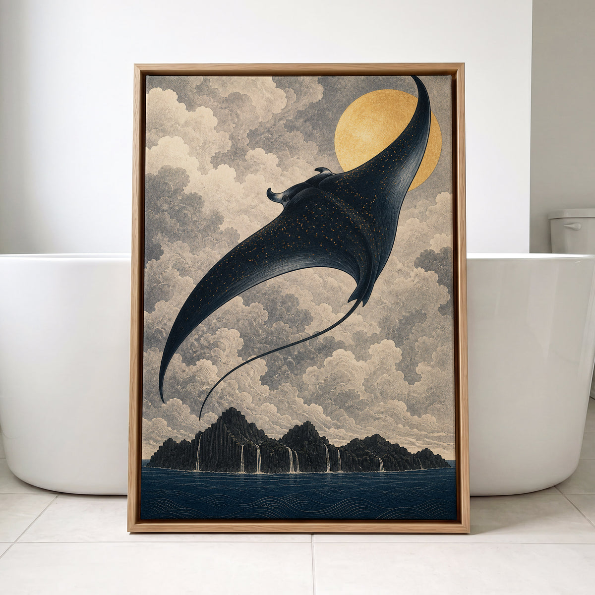 Golden Sky Manta, black, blue, beige nature wall art displayed in a styled interior, gallery view 8