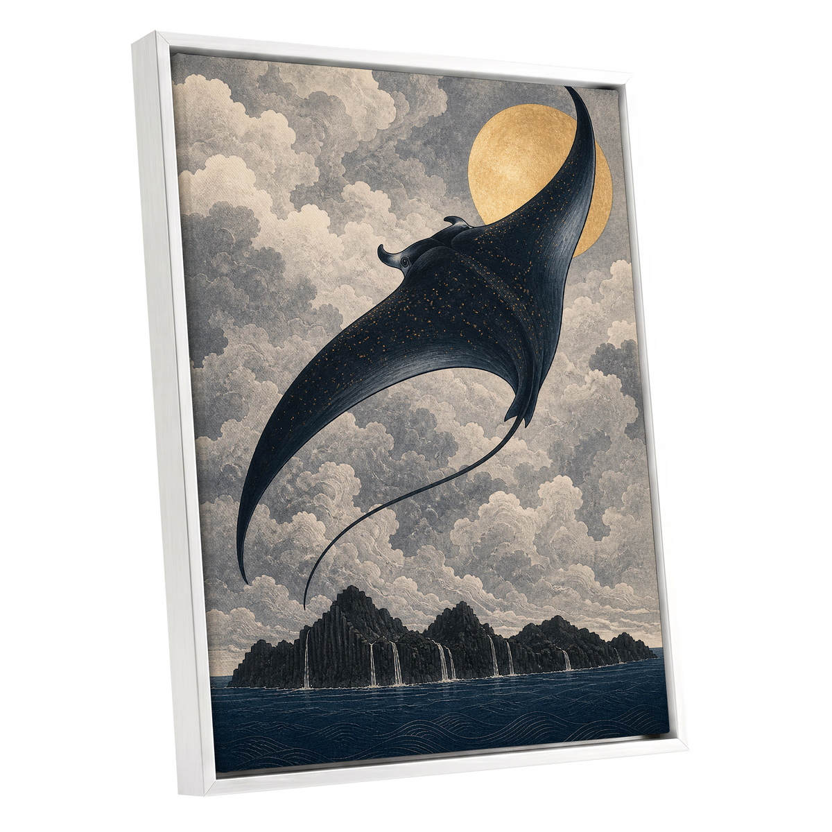 Golden Sky Manta, black, blue, beige nature wall art shown as a white framed canvas wall art