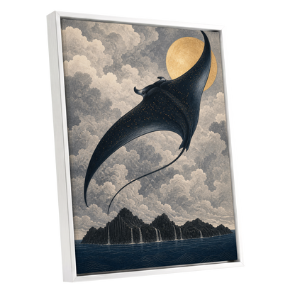 Golden Sky Manta, black, blue, beige nature wall art shown as a white framed canvas wall art