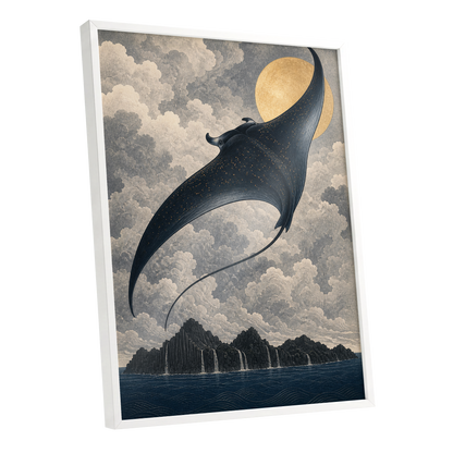 Golden Sky Manta, black, blue, beige nature wall art shown as a white framed poster wall art print