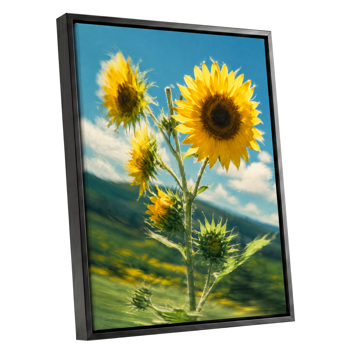 Golden Skyward Blooms, yellow, blue, green floral wall art shown as a black framed canvas wall art