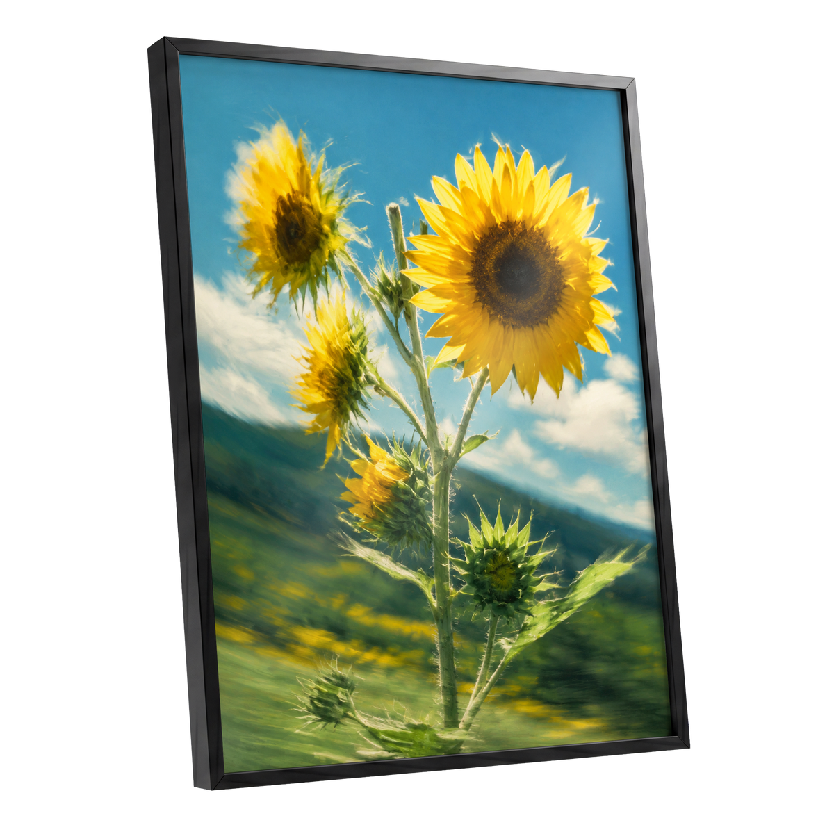 Golden Skyward Blooms, yellow, blue, green floral wall art shown as a black framed poster wall art print