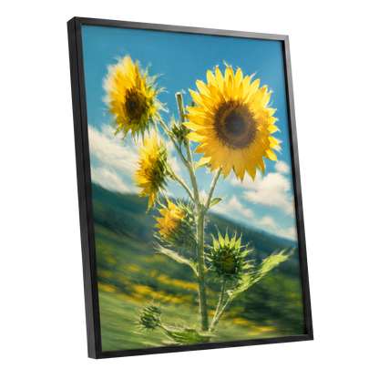 Golden Skyward Blooms, yellow, blue, green floral wall art shown as a black framed poster wall art print