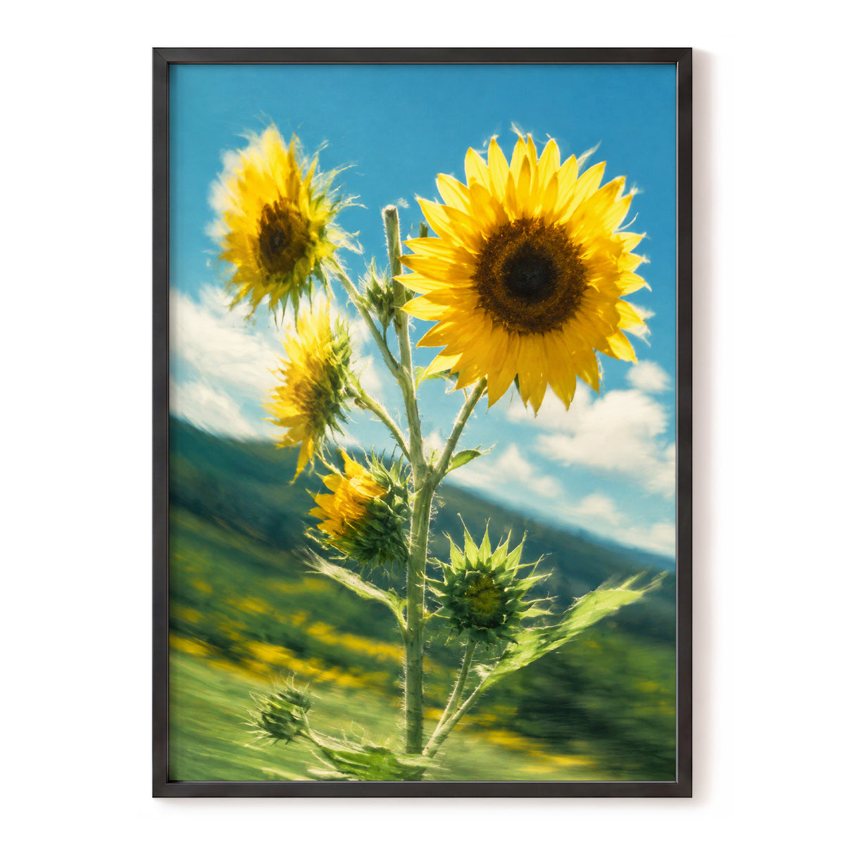 Golden Skyward Blooms, yellow, blue, green floral wall art, front artwork view