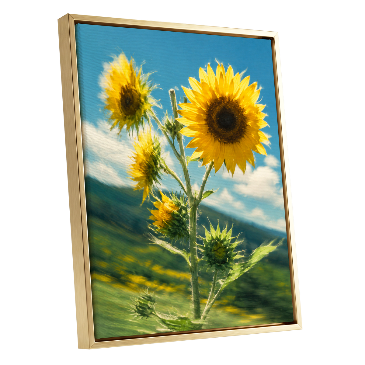 Golden Skyward Blooms, yellow, blue, green floral wall art shown as a gold framed canvas wall art