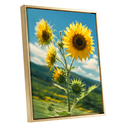 Golden Skyward Blooms, yellow, blue, green floral wall art shown as a gold framed canvas wall art