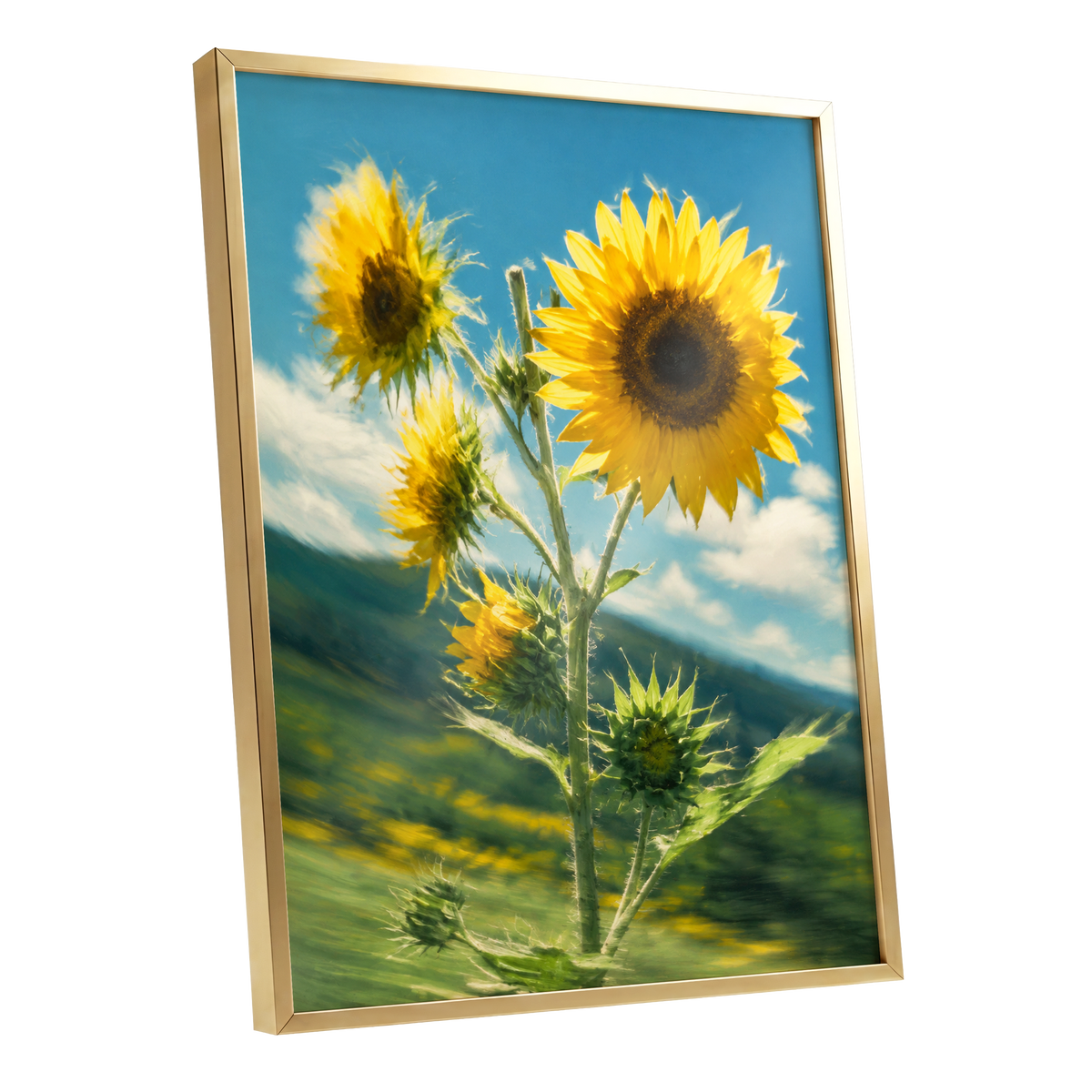 Golden Skyward Blooms, yellow, blue, green floral wall art shown as a gold framed poster wall art print