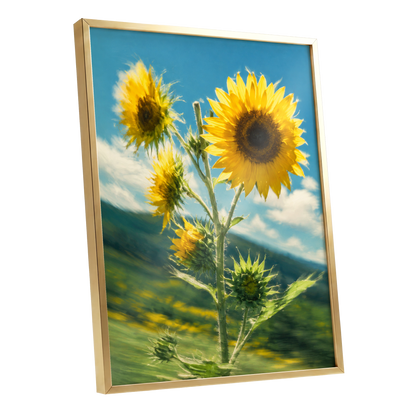 Golden Skyward Blooms, yellow, blue, green floral wall art shown as a gold framed poster wall art print