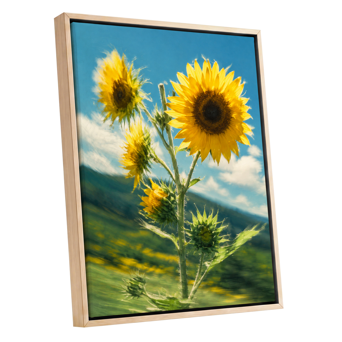 Golden Skyward Blooms, yellow, blue, green floral wall art shown as a oak framed canvas wall art
