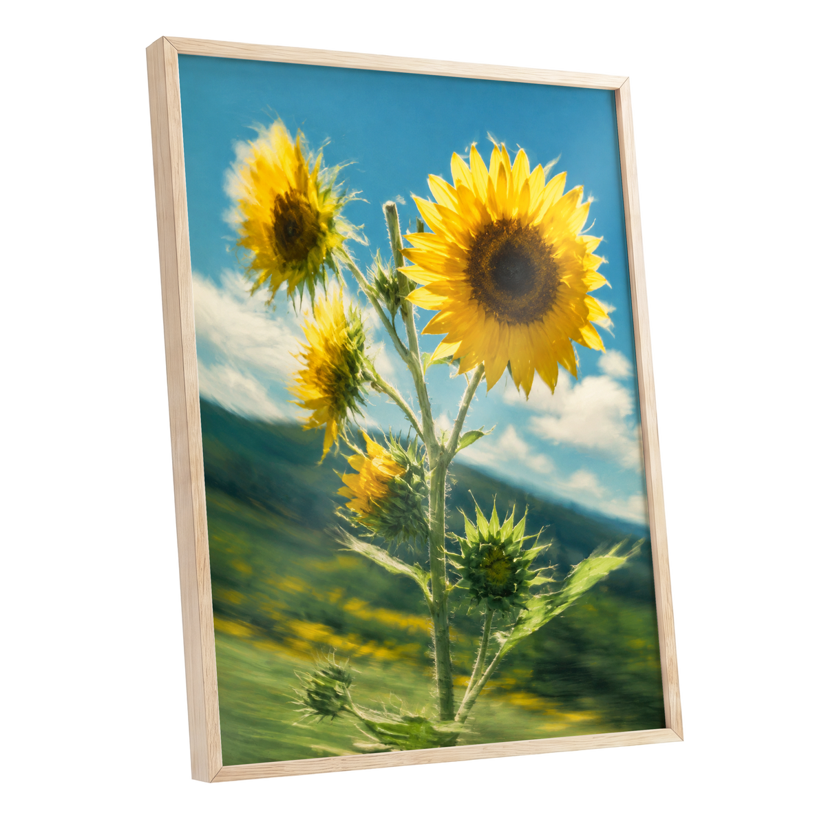 Golden Skyward Blooms, yellow, blue, green floral wall art shown as a oak framed poster wall art print