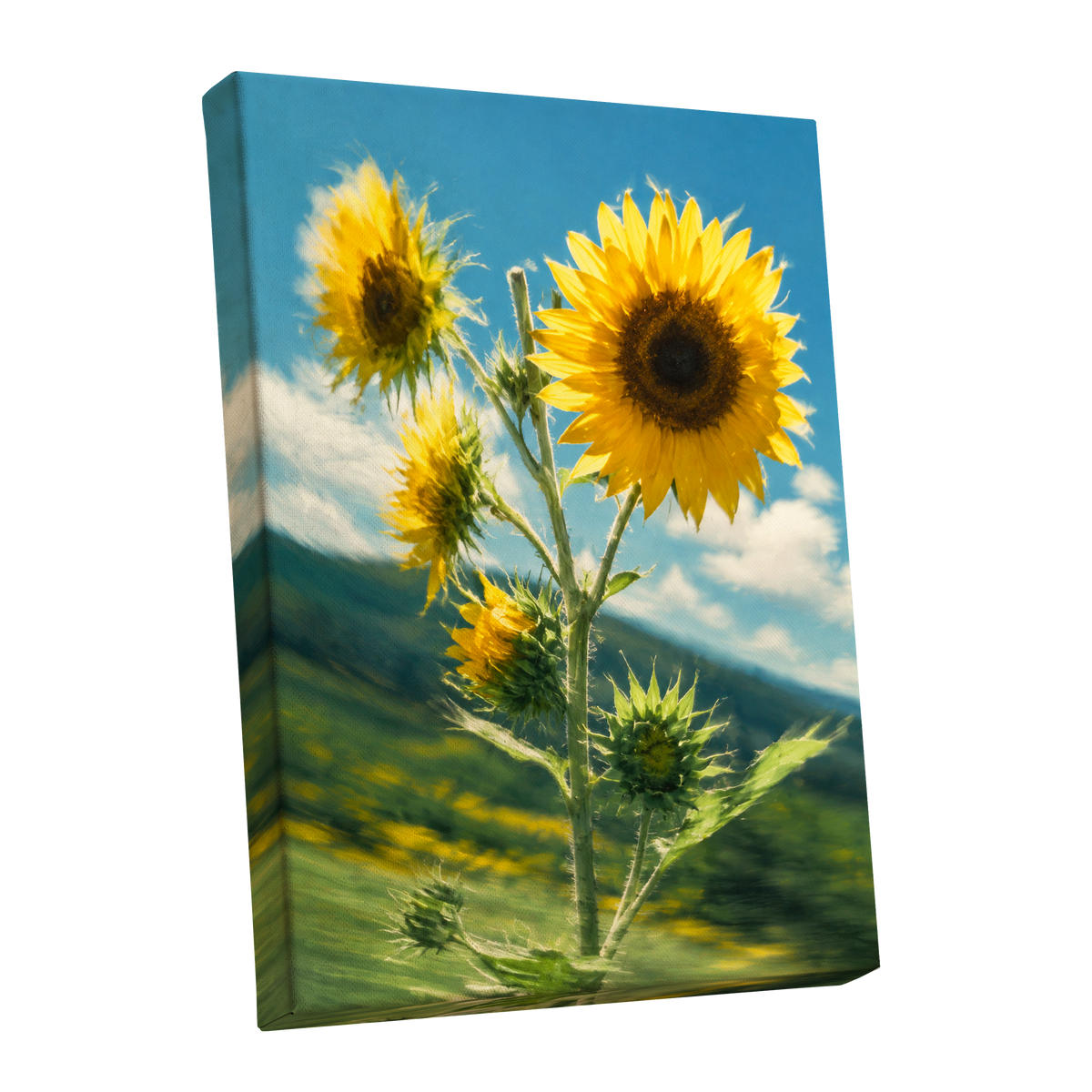 Golden Skyward Blooms, yellow, blue, green floral wall art shown as a stretched canvas wall art