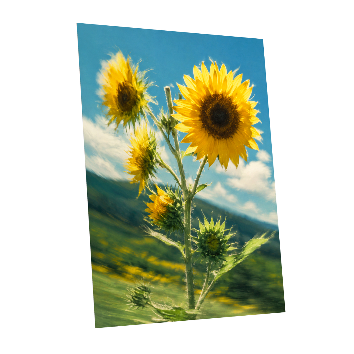 Golden Skyward Blooms, yellow, blue, green floral wall art shown as a unframed poster wall art print