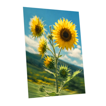 Golden Skyward Blooms, yellow, blue, green floral wall art shown as a unframed poster wall art print