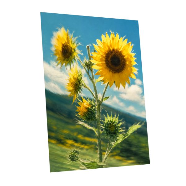 Golden Skyward Blooms, yellow, blue, green floral wall art shown as a unframed poster wall art print