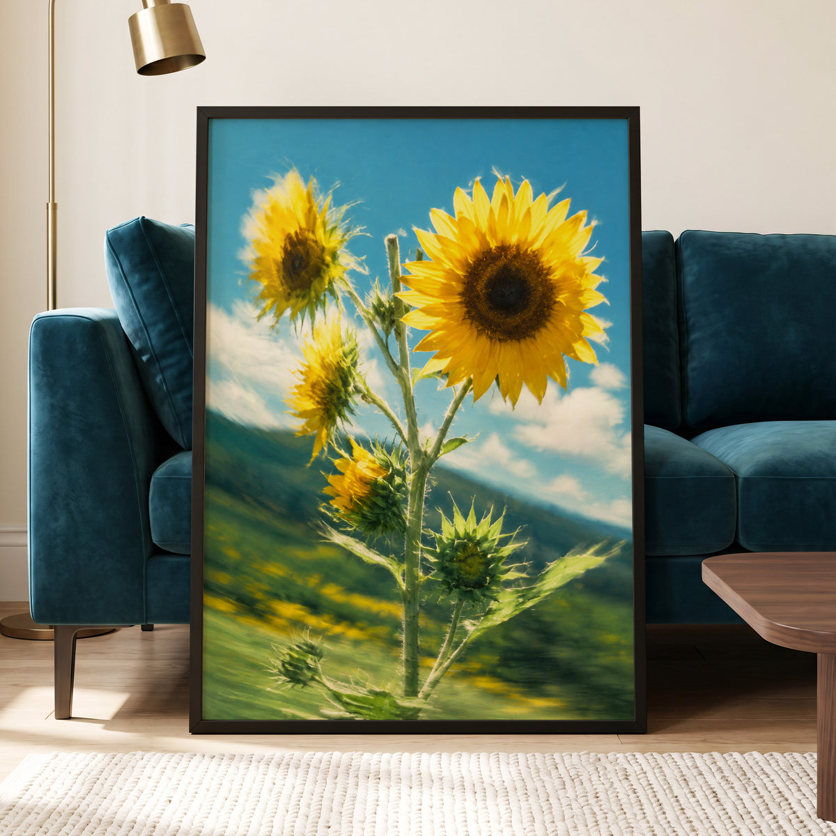Golden Skyward Blooms, yellow, blue, green floral wall art displayed in a styled interior, gallery view 2