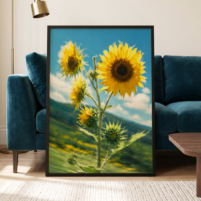 Golden Skyward Blooms, yellow, blue, green floral wall art displayed in a styled interior, gallery view 2