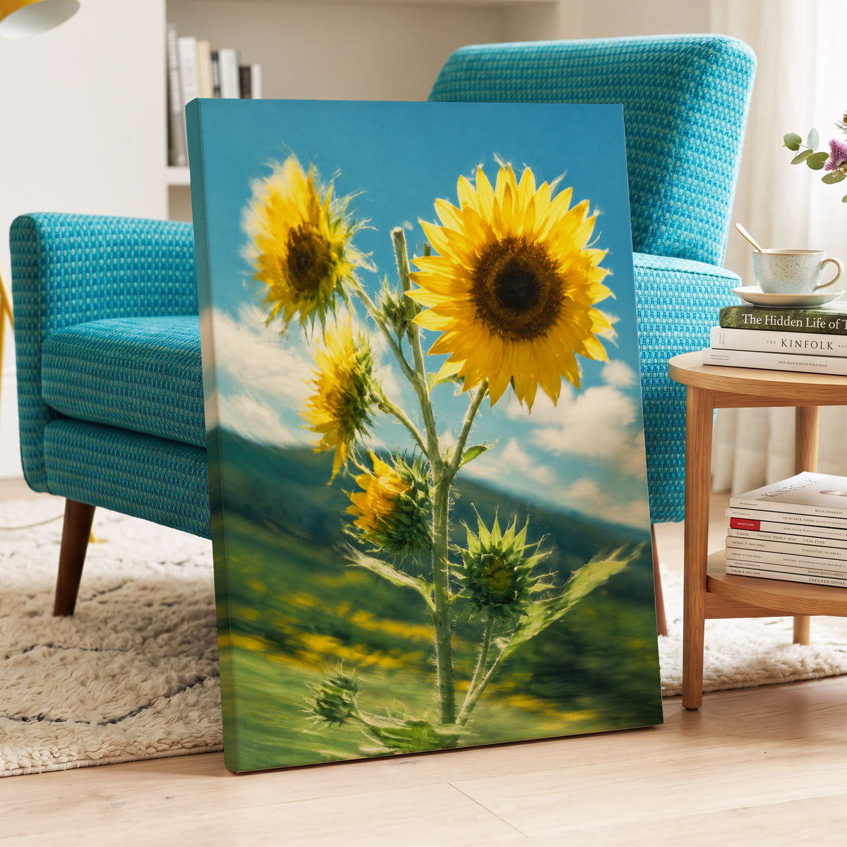Golden Skyward Blooms, yellow, blue, green floral wall art displayed in a styled interior, gallery view 3