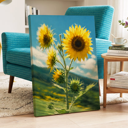 Golden Skyward Blooms, yellow, blue, green floral wall art displayed in a styled interior, gallery view 3