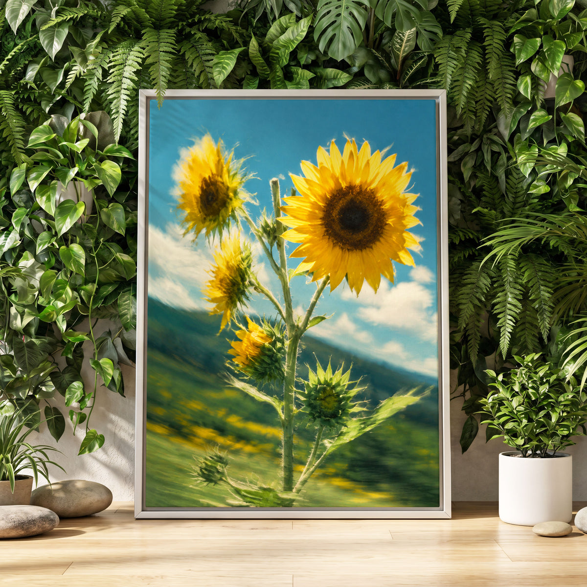 Golden Skyward Blooms, yellow, blue, green floral wall art displayed in a styled interior, gallery view 4