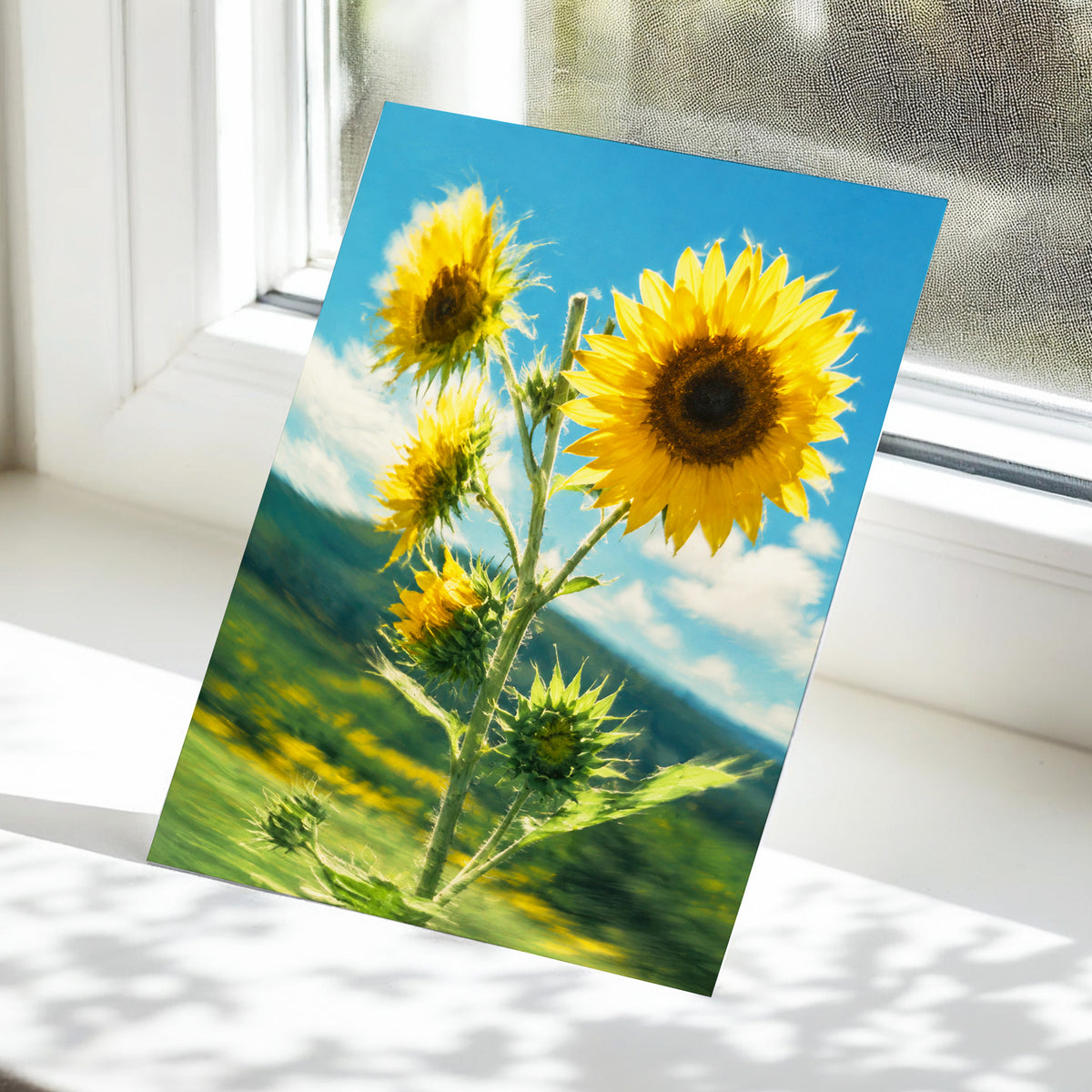 Golden Skyward Blooms, yellow, blue, green floral wall art displayed in a styled interior, gallery view 5