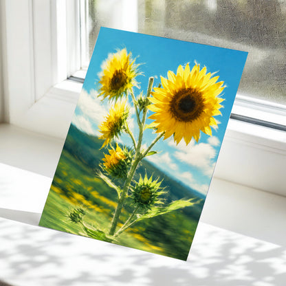 Golden Skyward Blooms, yellow, blue, green floral wall art displayed in a styled interior, gallery view 5