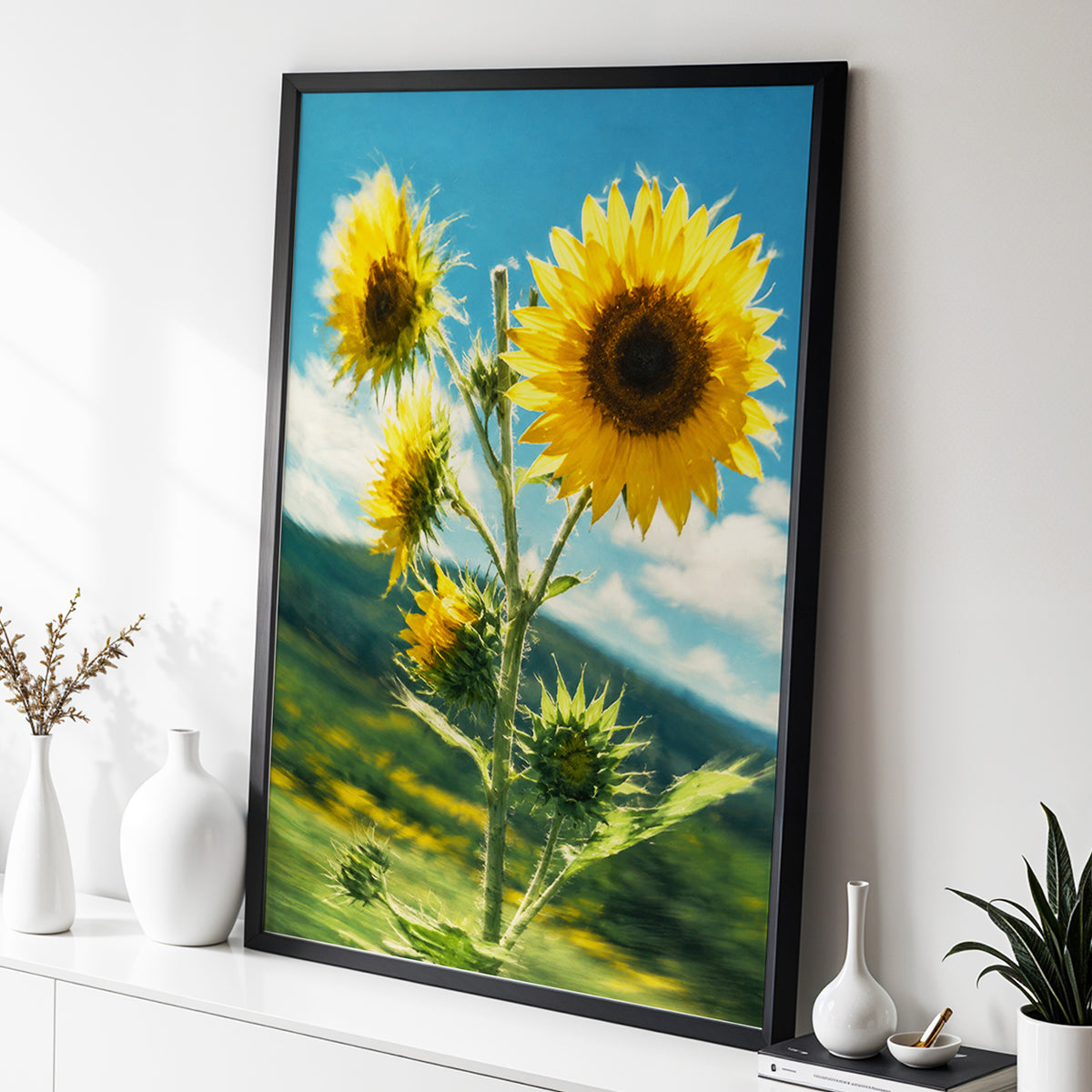 Golden Skyward Blooms, yellow, blue, green floral wall art displayed in a styled interior, gallery view 6