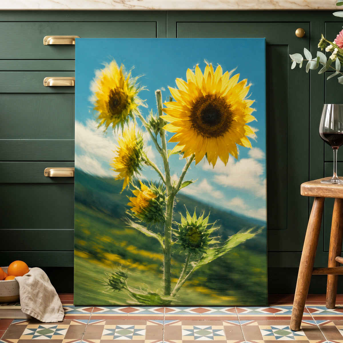 Golden Skyward Blooms, yellow, blue, green floral wall art displayed in a styled interior, gallery view 7