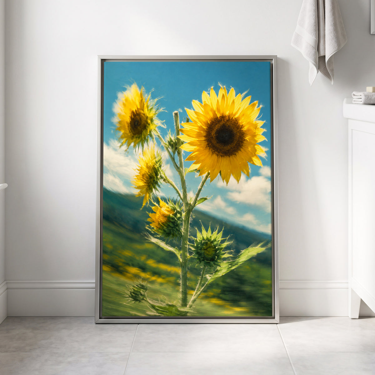Golden Skyward Blooms, yellow, blue, green floral wall art displayed in a styled interior, gallery view 8
