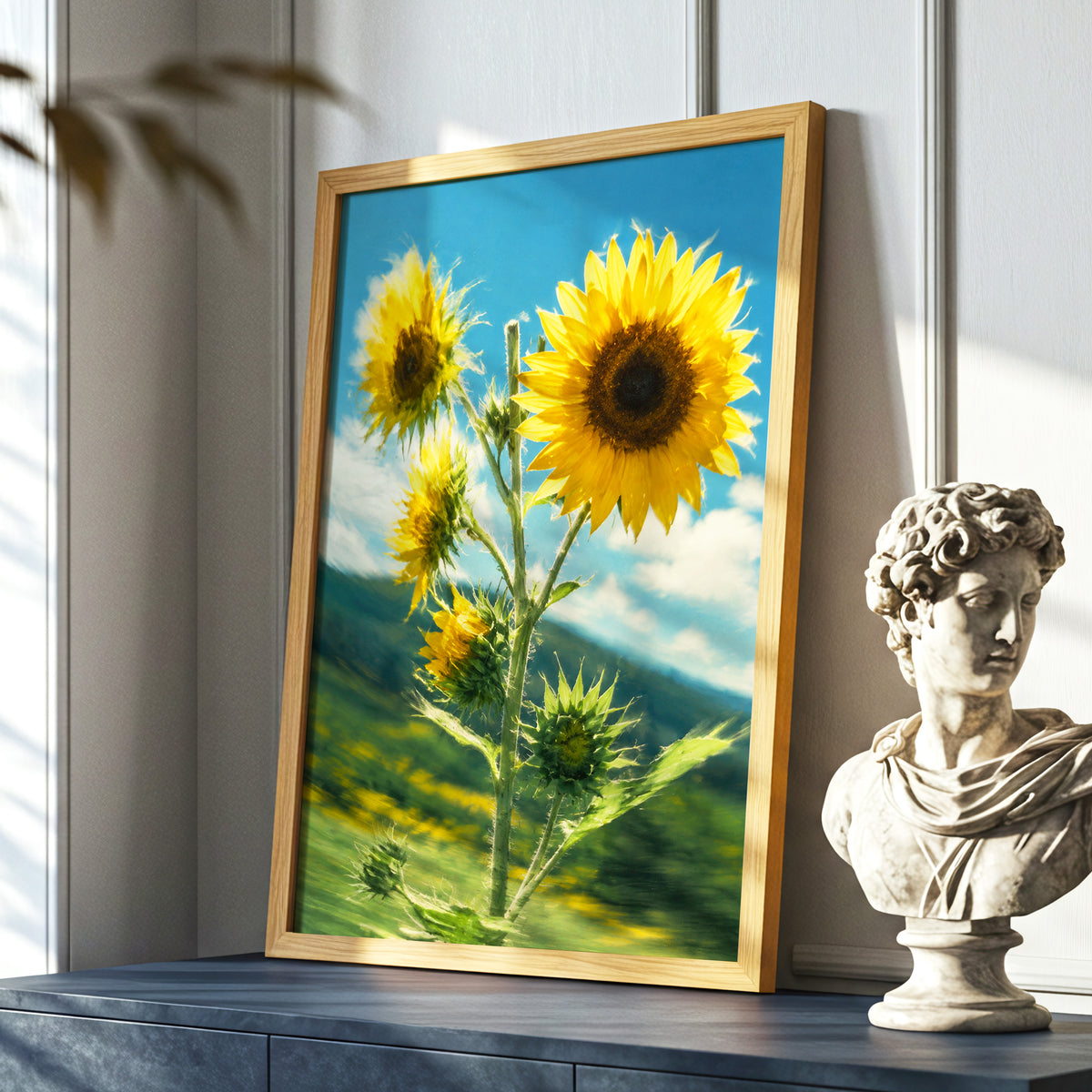 Golden Skyward Blooms, yellow, blue, green floral wall art displayed in a styled interior, gallery view 9